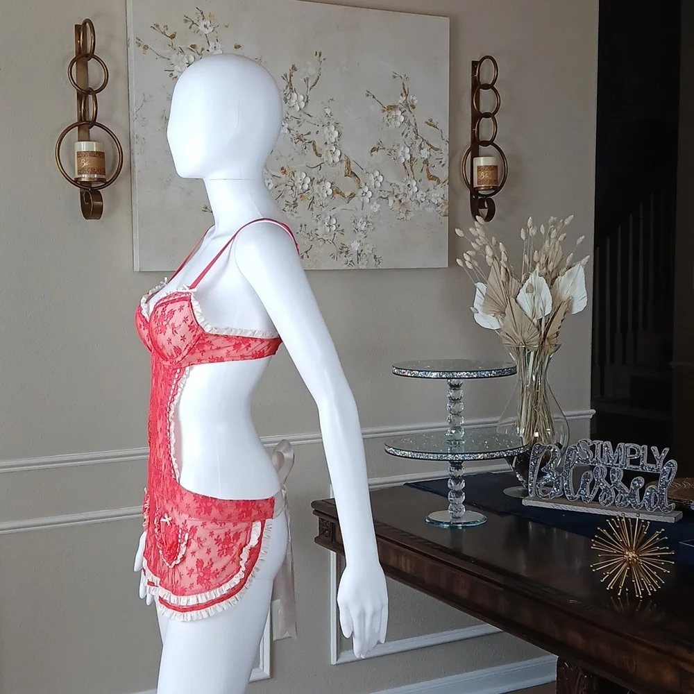 Victoria's Secret Super Sexy Floral Lace Apron Lingerie Mini Dress Size 34B